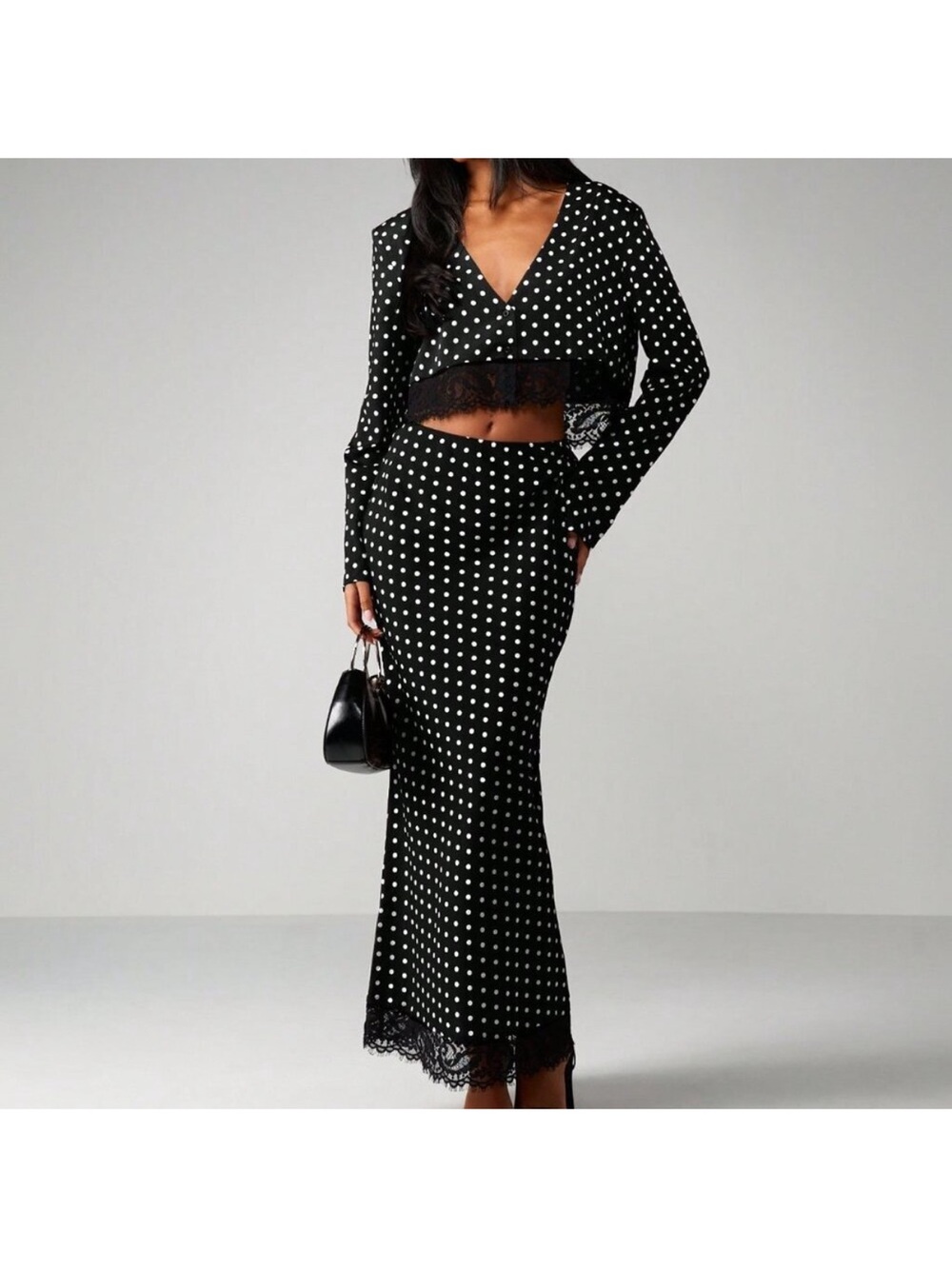 Black Polka Dot Lace-Hem Maxi Skirt and Top Set!